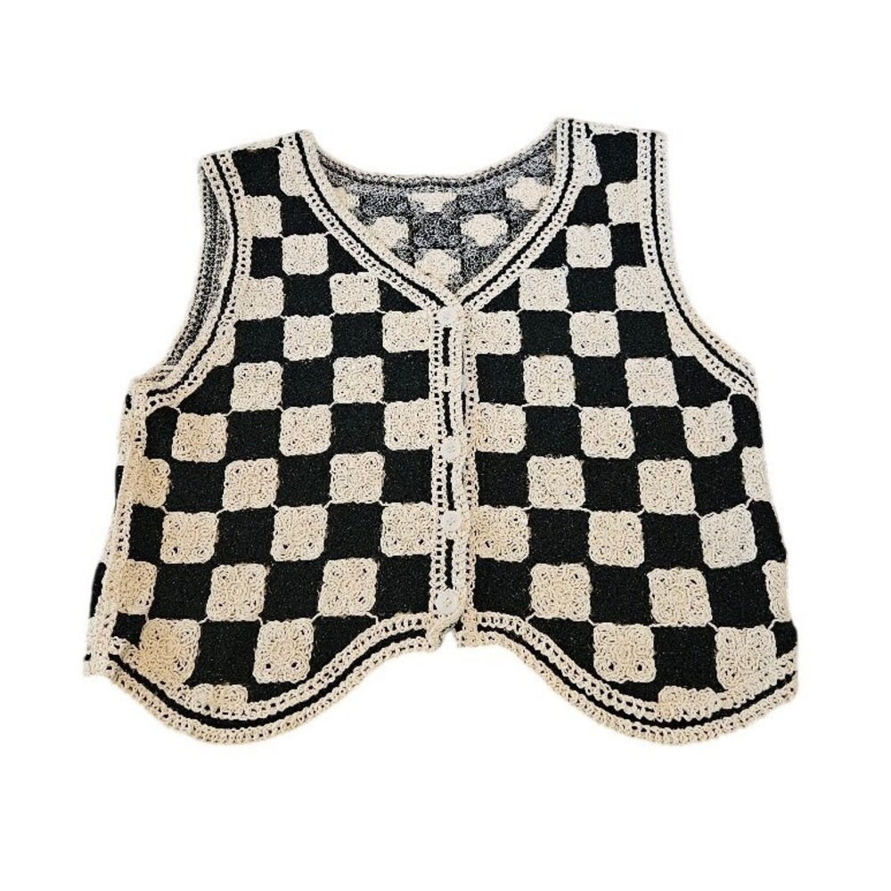 Black Cream Checkered Crochet Knit Button Front Vest Scalloped Hem Small
